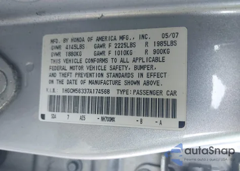 2007 Honda Accord 2.4 Se из США, поврежденный, VIN 1HGCM56337A174568